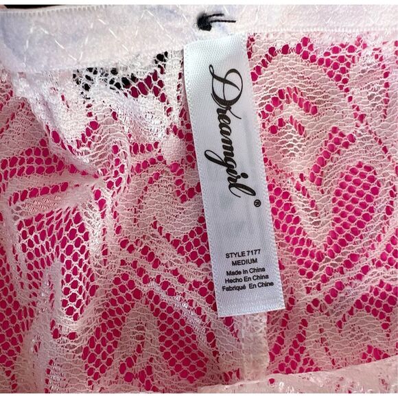 Dreamgirl Stretch Lace Overlap Satin Bow Panty 7177 Medium Light Pink Nwt - Picture 3 of 4